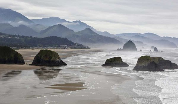 Oregon, Cannon Beach Fog rises over coastline